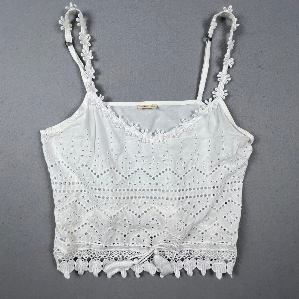 Hollister Eyelet Camisole Women XS White Crochet Lace Trim Boho Festival CropTop
